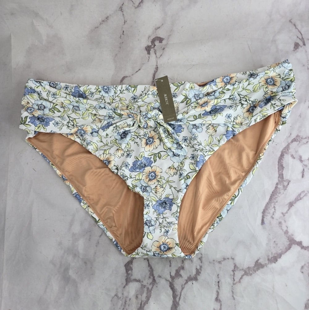 J Crew Swim Bottom Blue High Rise Cut Bikini Knot Tie Waist Floral Vines BF204